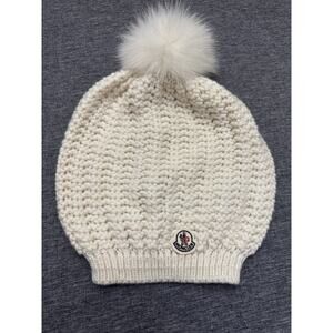 MONCLER Knit Wool Beanie Fox Fur Pom Pom Logo Hat Cream made in ITALY